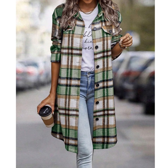 Cozy Plaid Print Button Down Oversized Long Jacket Shacket - Picture 3 of 7